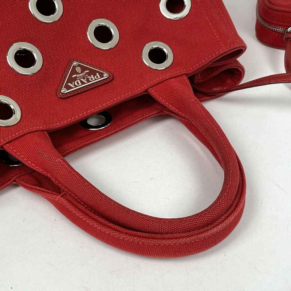 Prada Canapa Tote Shoulder Bag Perforated Canvas Red - Picture 5 of 7